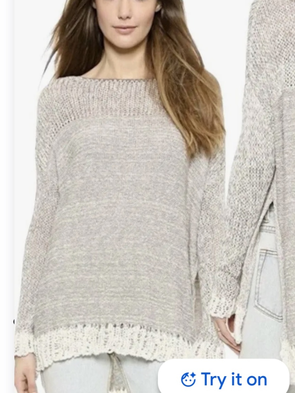 Free People Haiku Sweater Oversized-Open Knit Tan & Cream -Boho-Crochet Hem-Med